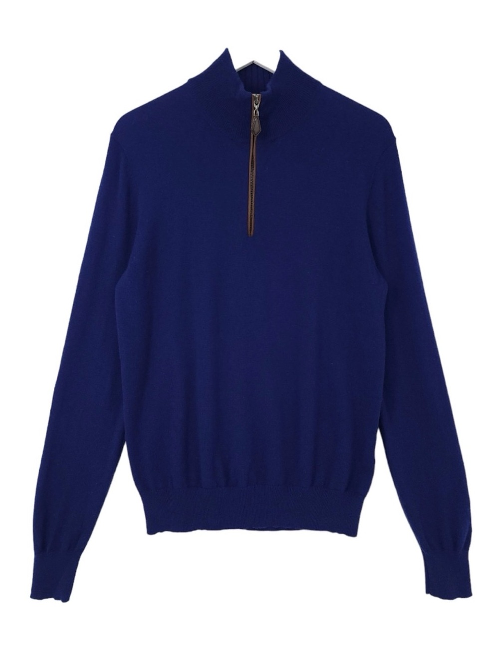 Neiman Marcus Mens Blue Cashmere Quarter Zip pollover sapphire leather tab lux